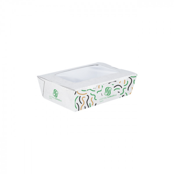 Boîte à salade rectangulaire personnalisée en carton avec couvercle à fenêtre 700 mL - Impression jusqu'à 4 couleurs