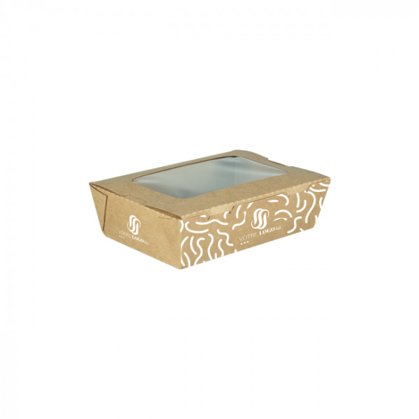 Boîte à salade rectangulaire personnalisée en carton avec couvercle à fenêtre 700 mL - Impression jusqu'à 4 couleurs