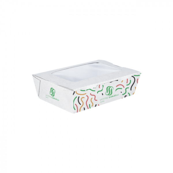 Boîte à salade rectangulaire personnalisée en carton avec couvercle à fenêtre 900 mL - Impression jusqu'à 4 couleurs