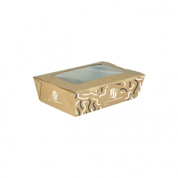 Boîte à salade rectangulaire personnalisée en carton et couvercle à fenêtre 900 mL - Impression jusqu'à 4 couleurs