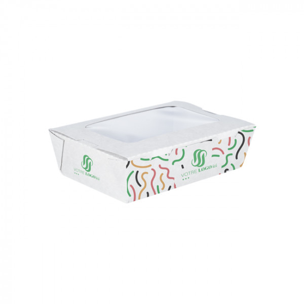 Boîte à salade rectangulaire personnalisée en carton avec couvercle à fenêtre 1200 mL - Impression jusqu'à 4 couleurs