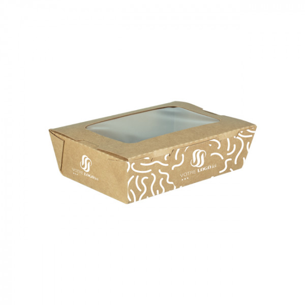 Boîte à salade rectangulaire personnalisée en carton avec couvercle à fenêtre 1200 mL - Impression jusqu'à 4 couleurs