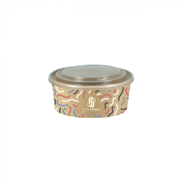 Boîte à salade ronde personnalisée en carton avec couvercle 750 mL - Impression jusqu'à 4 couleurs