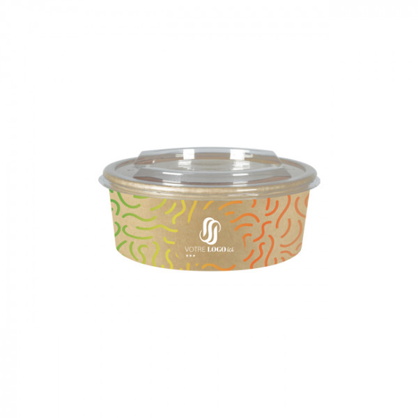 Boîte à salade ronde personnalisée en carton kraft avec couvercle 1300 mL - Impression quadrichromie couleurs illimitées