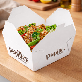 Boîtes en carton blanc personnalisées avec fermeture intégrée avec repas pour emporter