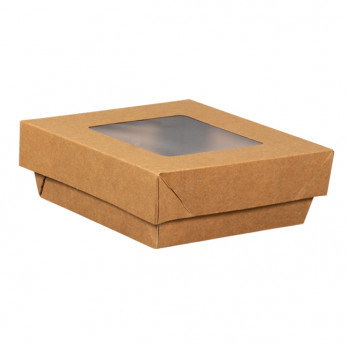 Boîte à salade carrée en carton kraft et couvercle à fenêtre 19 cm