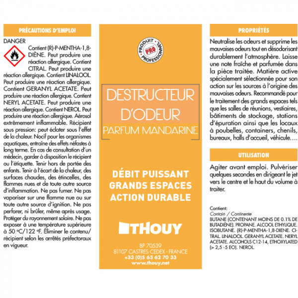 Aerosol destructeur d'odeur parfum mandarine 500 ml B50021B.
