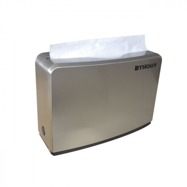 Distributeur de papier en acier nickelé brillant pour essuie-mains.