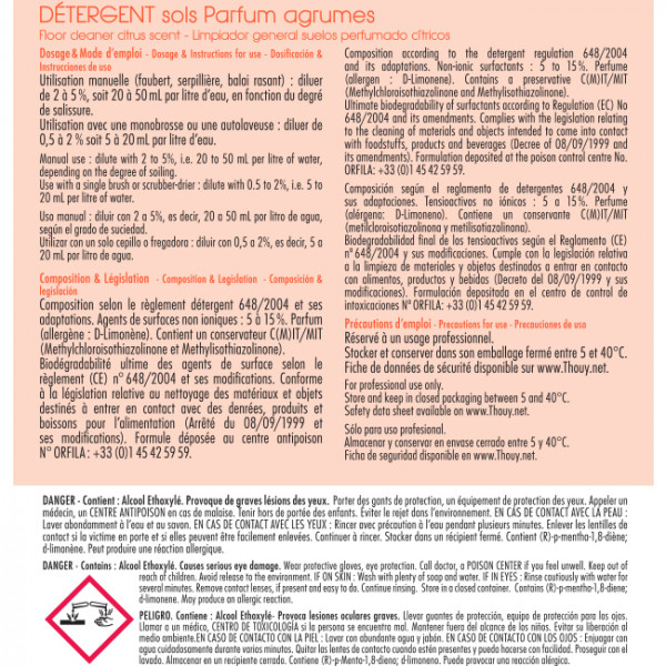 Détergent sols Agrumes 5 L - Thouy - Désinfectants sols - Pulvérisateurs mousse & vides 1,5L - Contenants vides variés