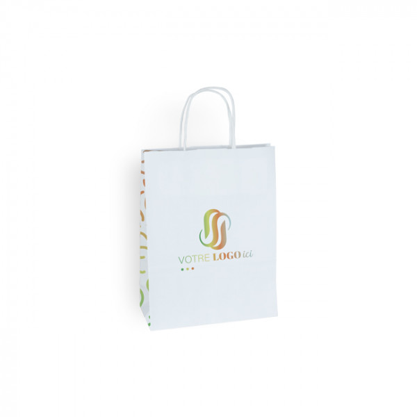 Sac cabas personnalisé en papier blanc 18 + 8 x 24 cm -Poignées torsadées - Impression 1 couleur ou quadrichromie