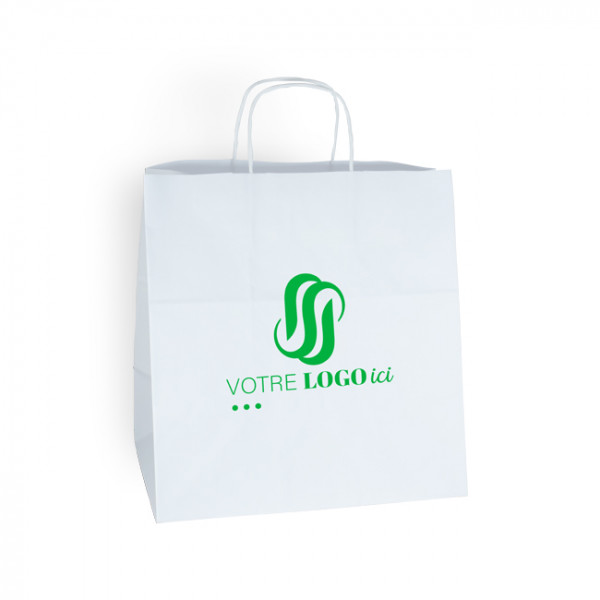 Sac cabas personnalisé en papier blanc 31 + 20 x 32 cm -Poignées torsadées - Impression 1 couleur ou quadrichromie