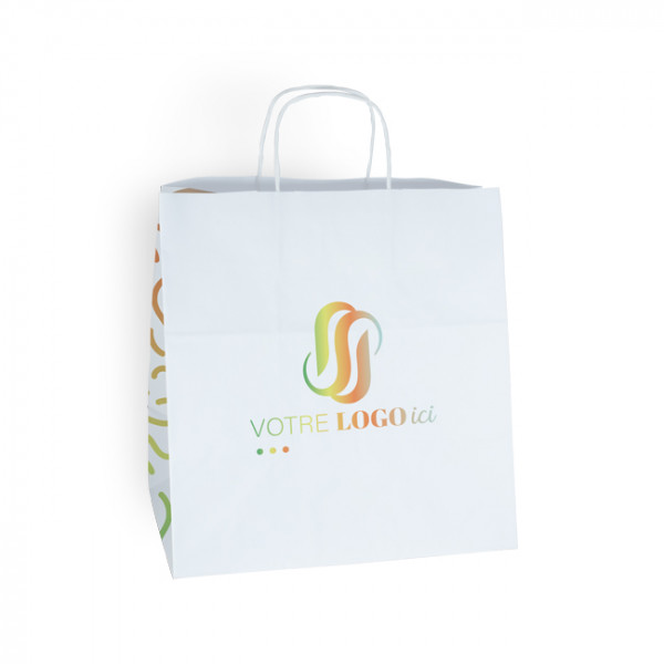 Sac cabas personnalisé en papier blanc 31 + 20 x 32 cm -Poignées torsadées - Impression 1 couleur ou quadrichromie