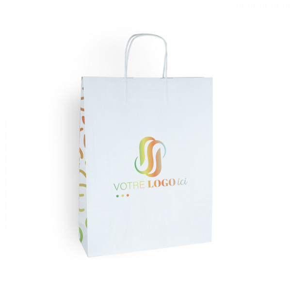 Sac cabas personnalisé en papier blanc 32 + 11 x 42 cm -Poignées torsadées - Impression 1 couleur ou quadrichromie