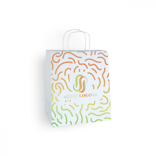 Sac cabas personnalisé en papier blanc 27 + 16 x 31 cm -Poignées torsadées - Impression 1 couleur ou quadrichromie