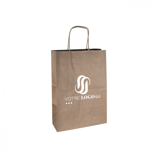 Sac cabas personnalisé en papier kraft 26 + 10 x 35 cm - Poignées torsadées - Impression jusqu'à 3 couleurs
