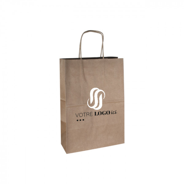 Sac cabas personnalisé en papier kraft 26 + 10 x 35 cm - Poignées torsadées - Impression jusqu'à 3 couleurs